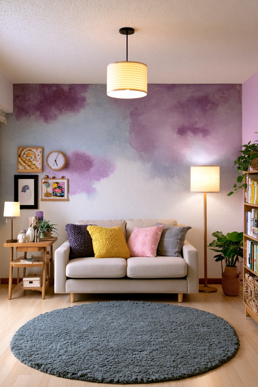 Lavender mauve and violet watercolor cloud wall design