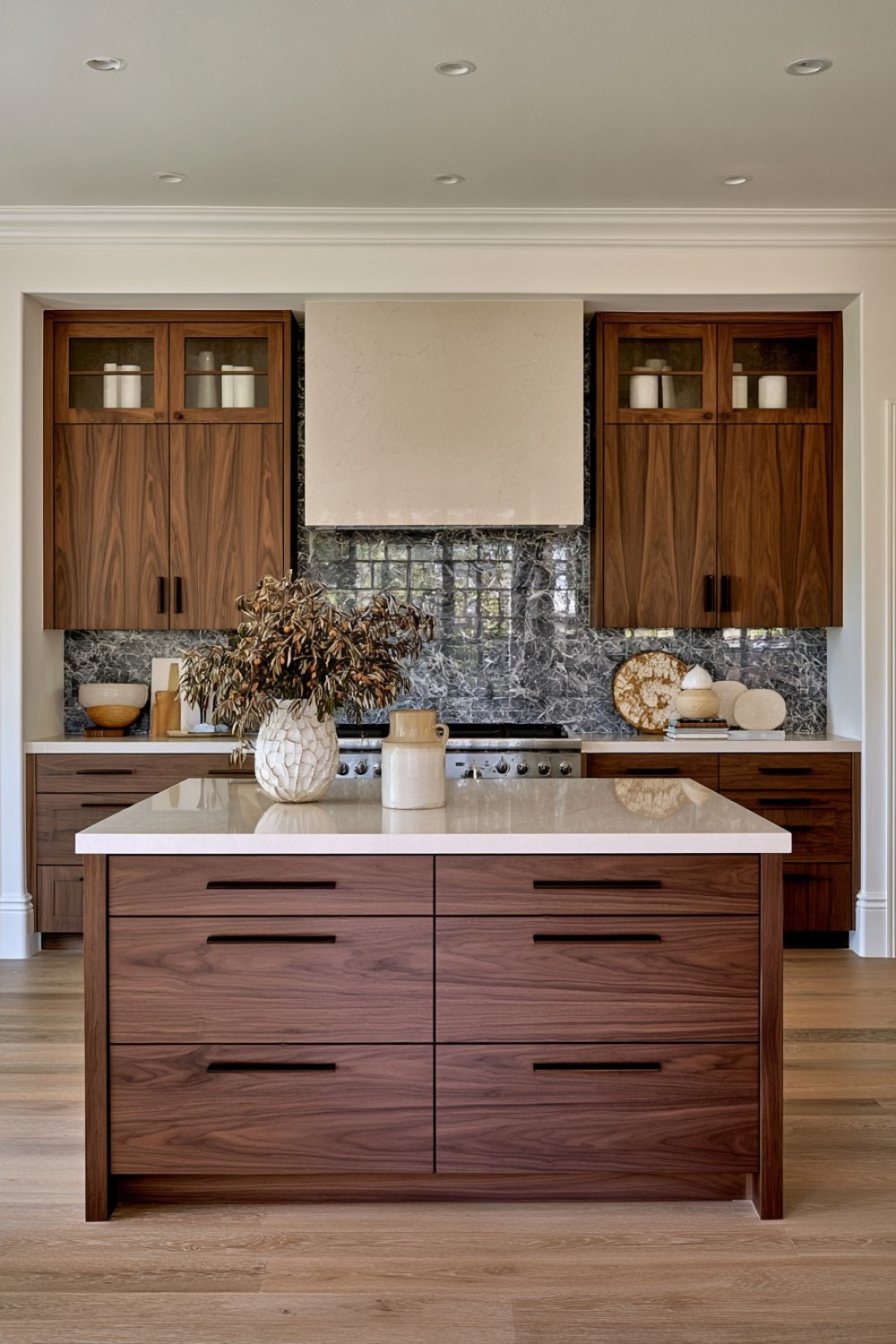 Natural walnut kitchen cabinets with restrained hardware