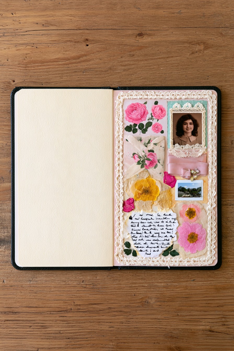Romantic rose collage with lace and handwritten notes