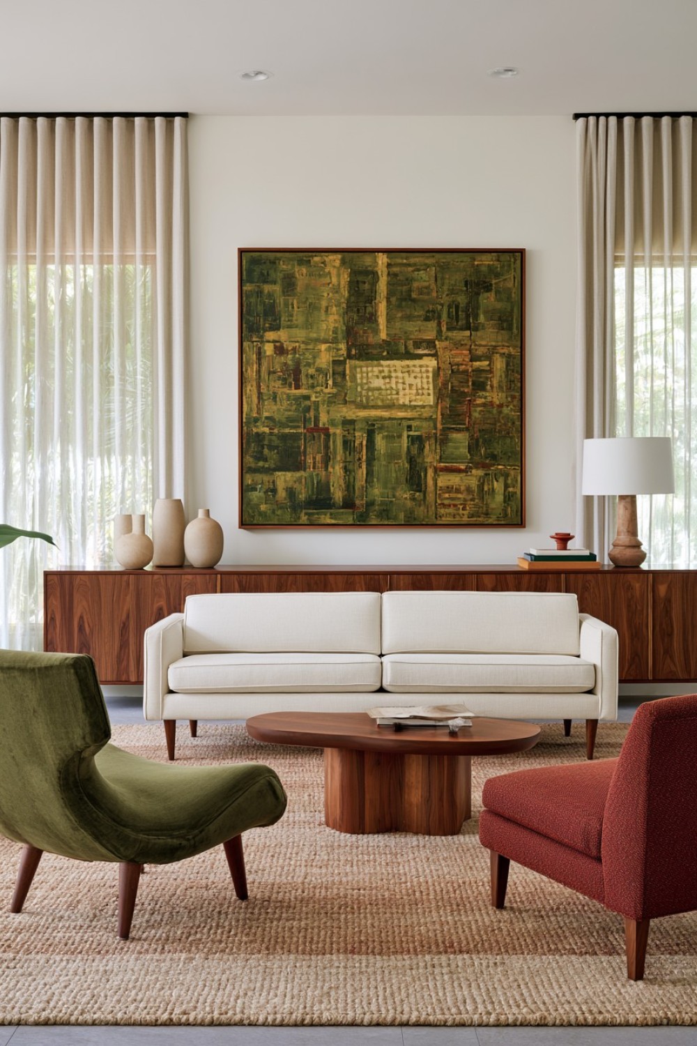 Earthy mid-century living room using moss, clay, and walnut