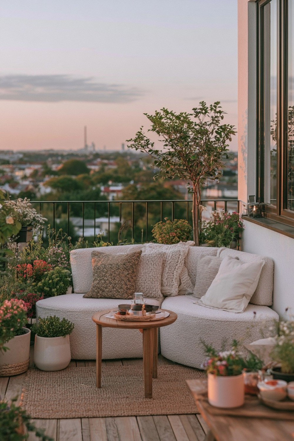 Curved outdoor bench softening a rectangular apartment balcony