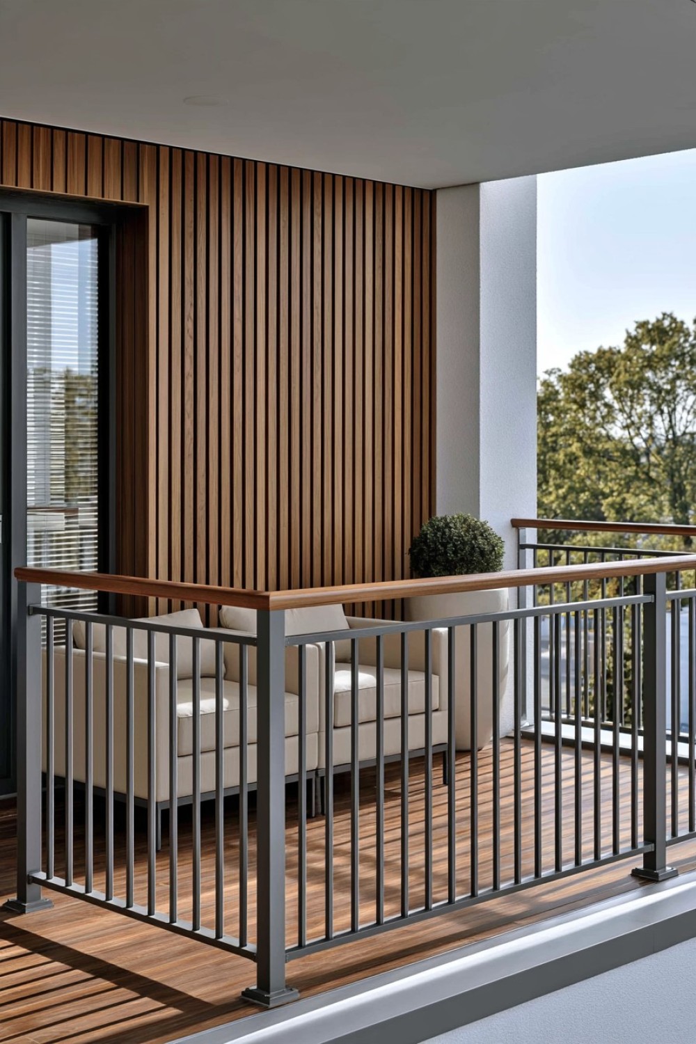 Contemporary balcony railing with alternating vertical timber slats