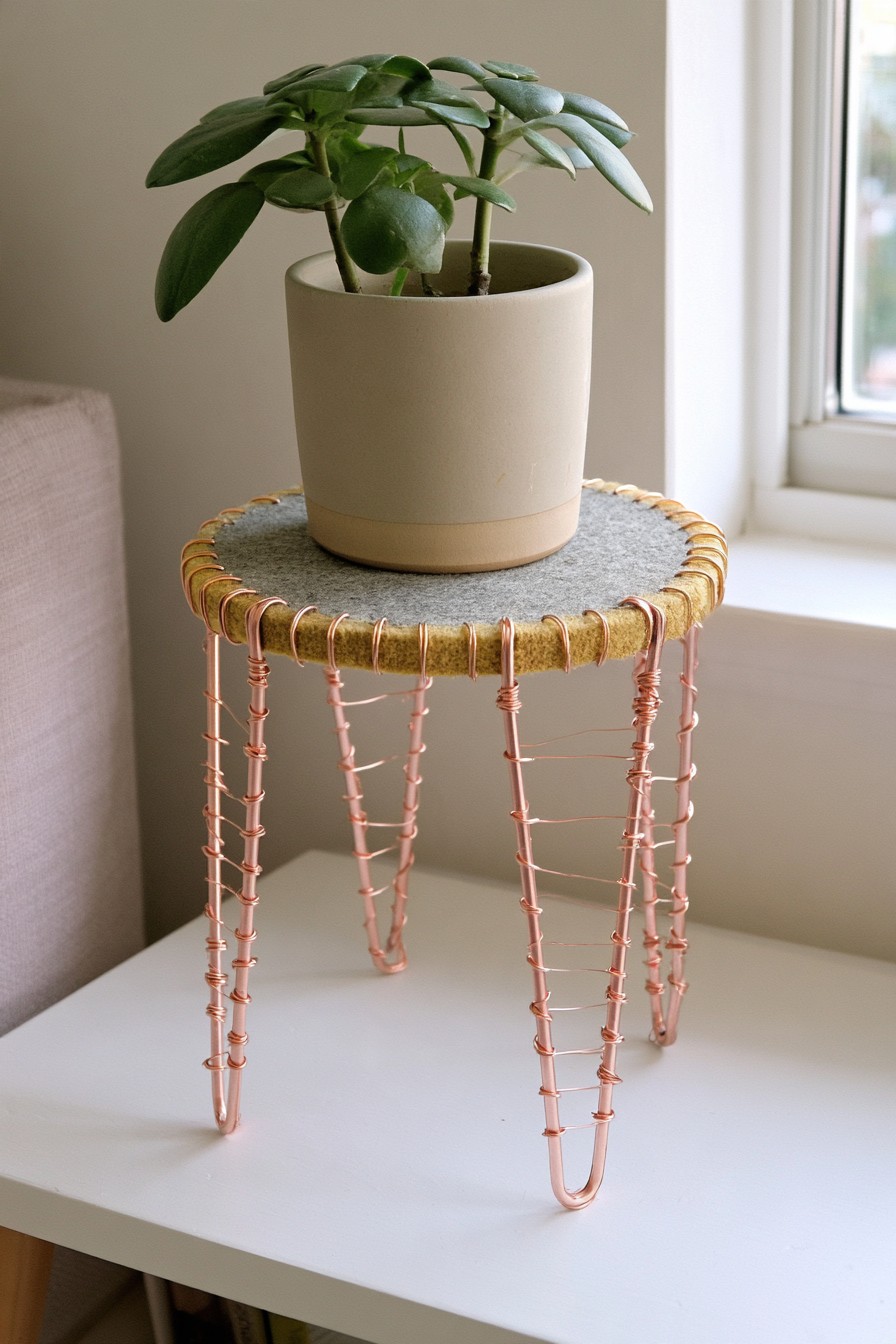 Small copper wire plant stand with wrapped legs and round top
