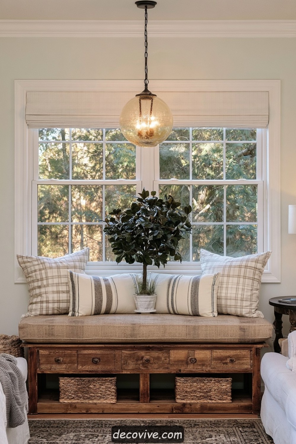 Deep farmhouse reading bench with grain-sack-inspired cushions