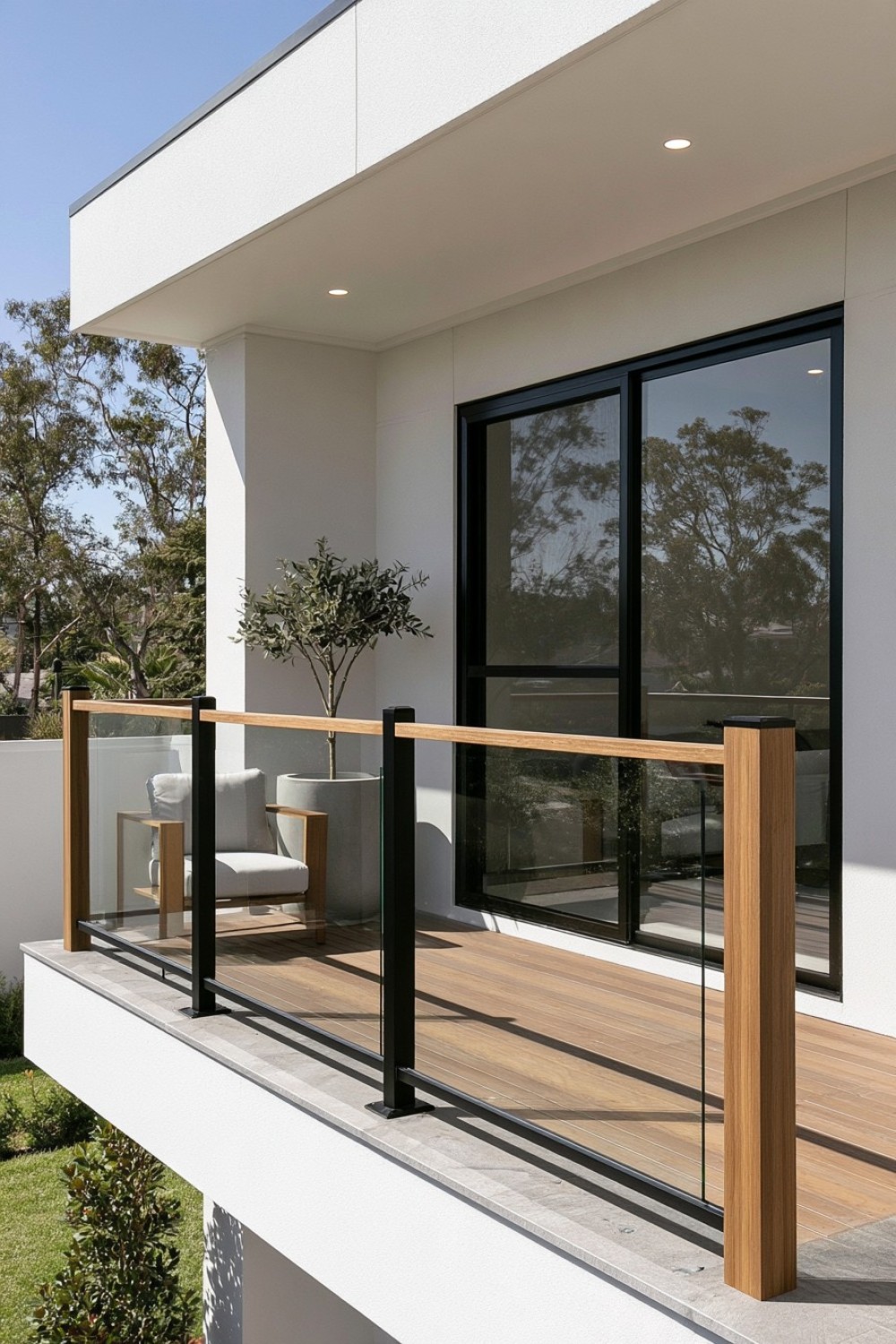 Balcony railing combining structural metal with warm timber details