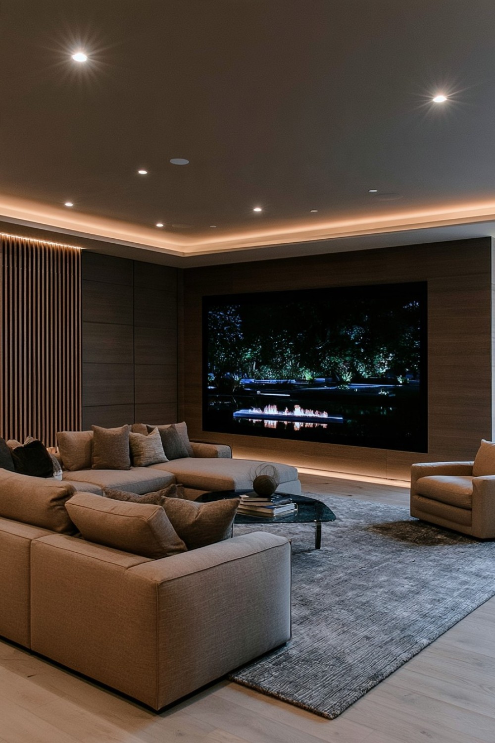 Cinema alcove incorporated into an open-plan basement