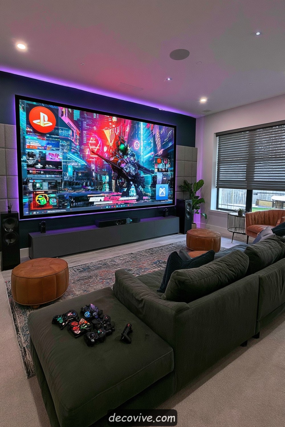 Comfortable video gaming room with upholstered acoustic wall panels