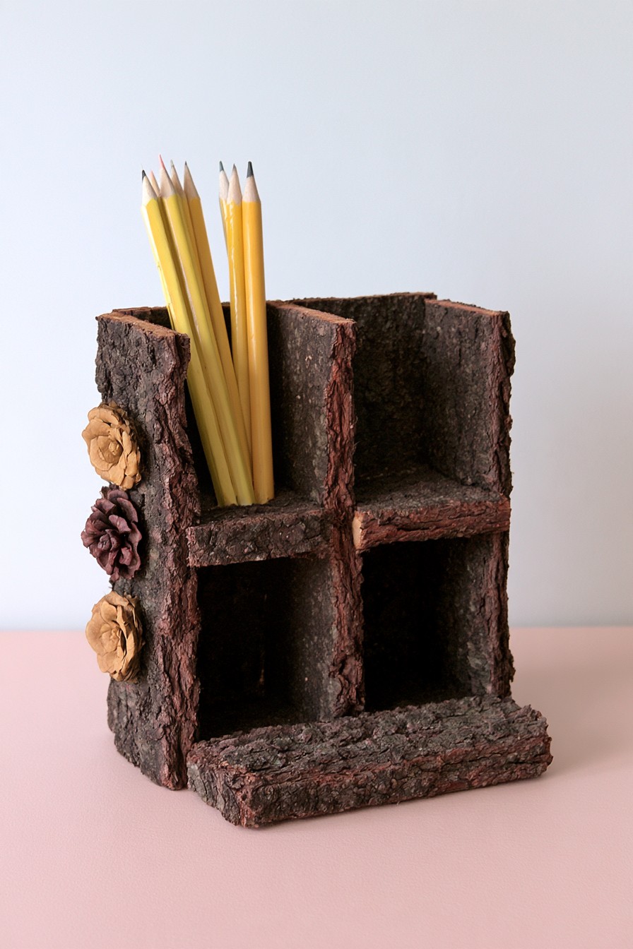 Compartmented desktop organizer covered with flat bark pieces