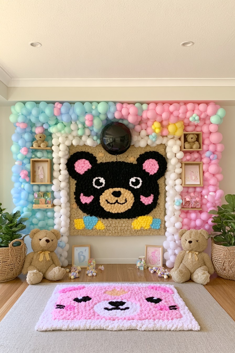 Large teddy bear feature wall surrounded by pastel gender reveal balloons