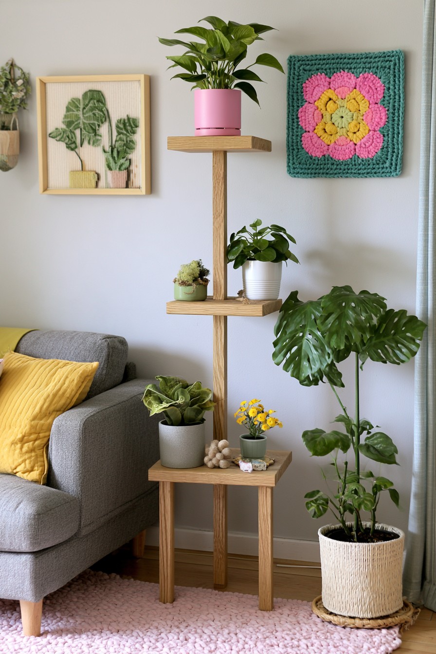 Tiered wooden plant stand with offset display platforms