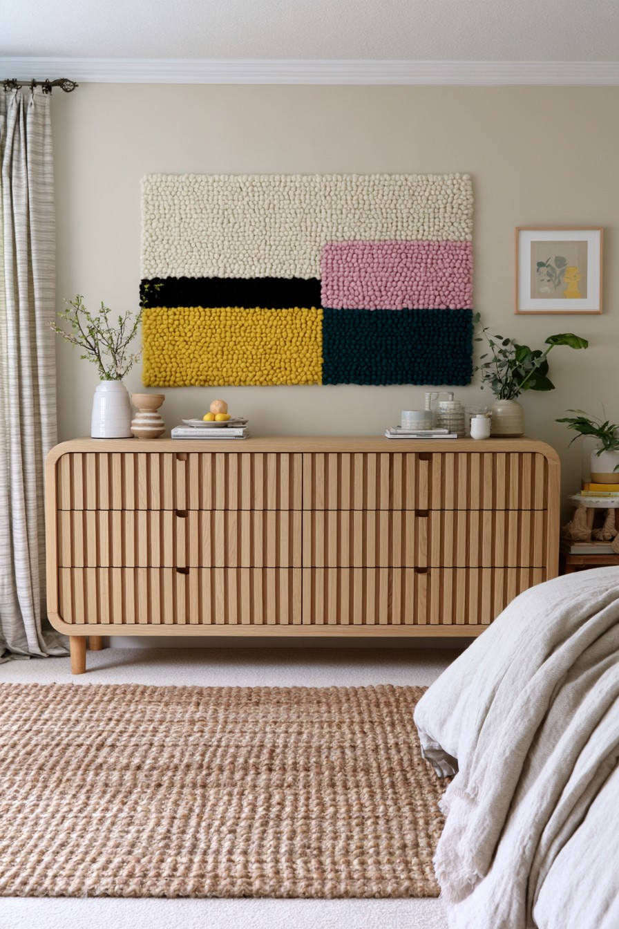 Natural wood drawer fronts with vertical slats