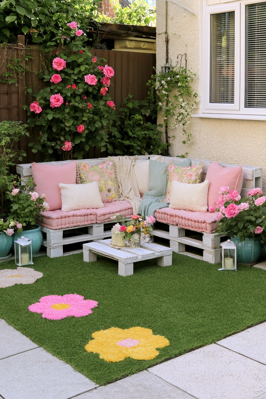 Romantic blush pallet corner seating in a small garden