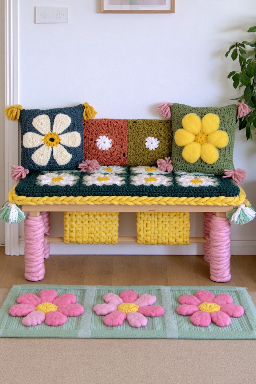 Bench decorated with floral crochet panels and coordinated cushions