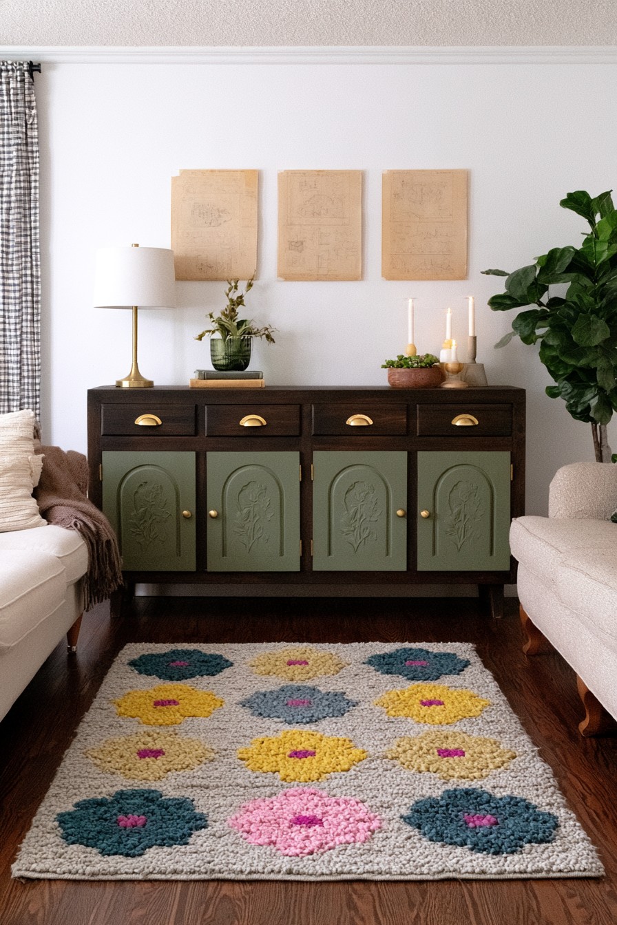 Sage green drawer fronts with botanical relief and arched molding