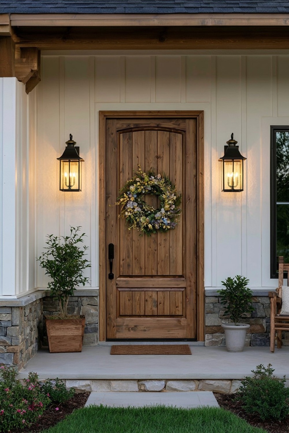 1. Oversized Lantern Sconces Framing The Front Door