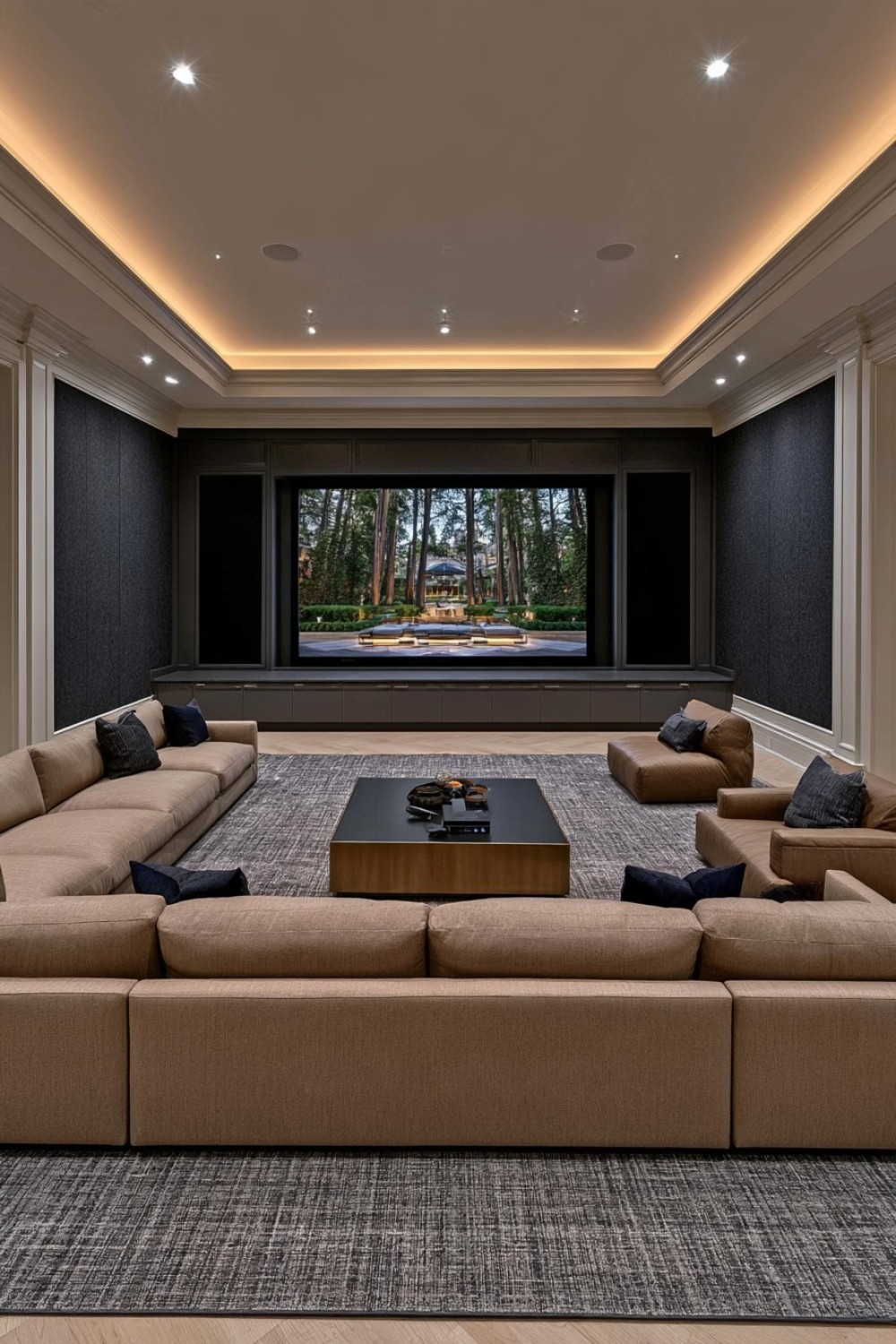 Convertible basement theater and gaming room with flexible furniture