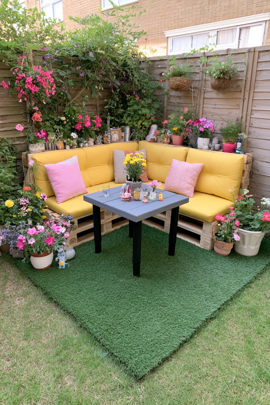 Yellow pallet corner seating combined with an outdoor dining table