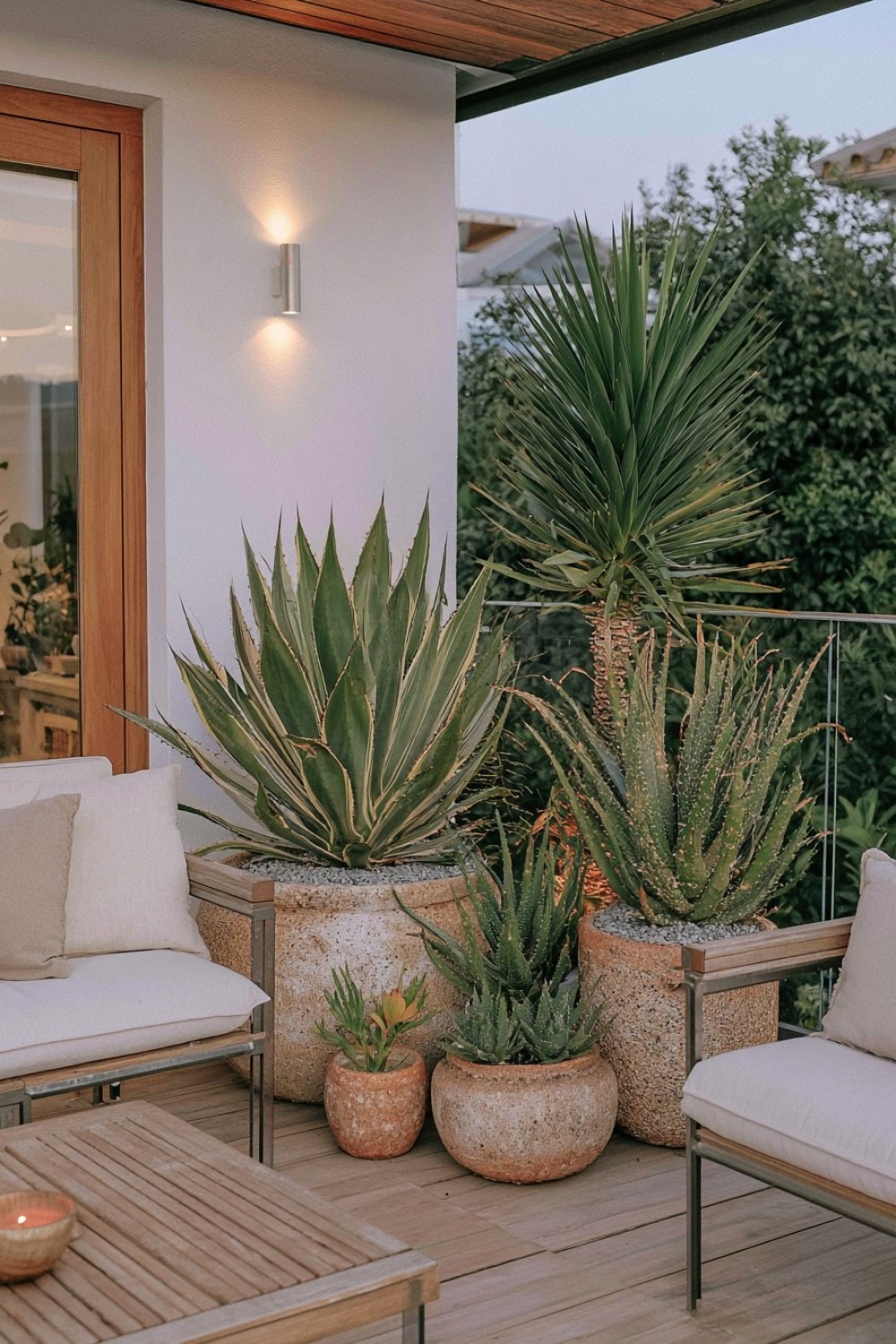 Contemporary desert-inspired balcony with sculptural plants