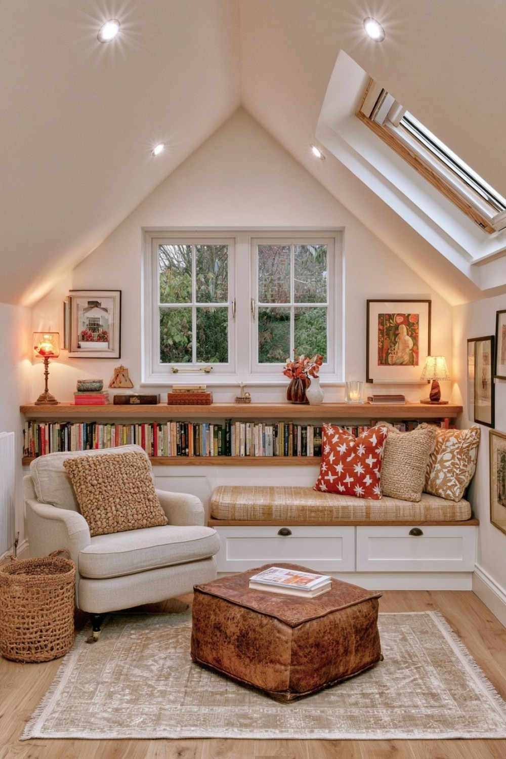 Scandinavian-style attic book corner with pale timber and simple seating