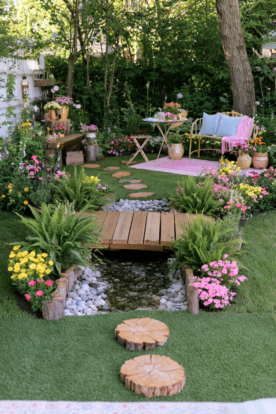 Low wooden garden bridge crossing a decorative stream