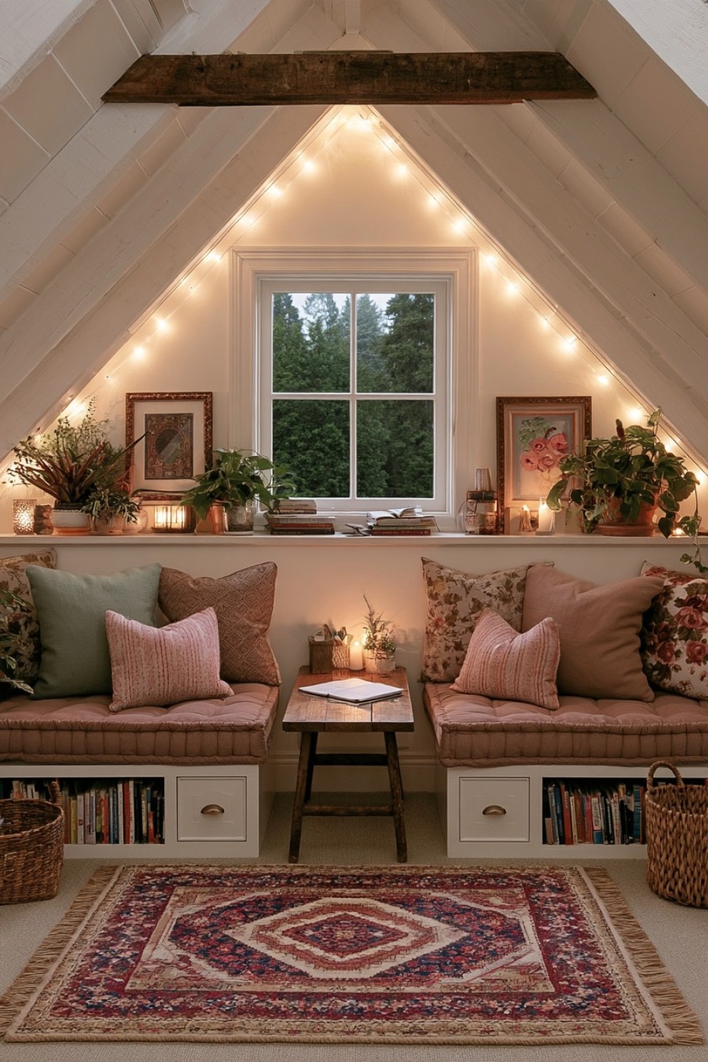 Twin reading benches positioned beneath an attic roof peak