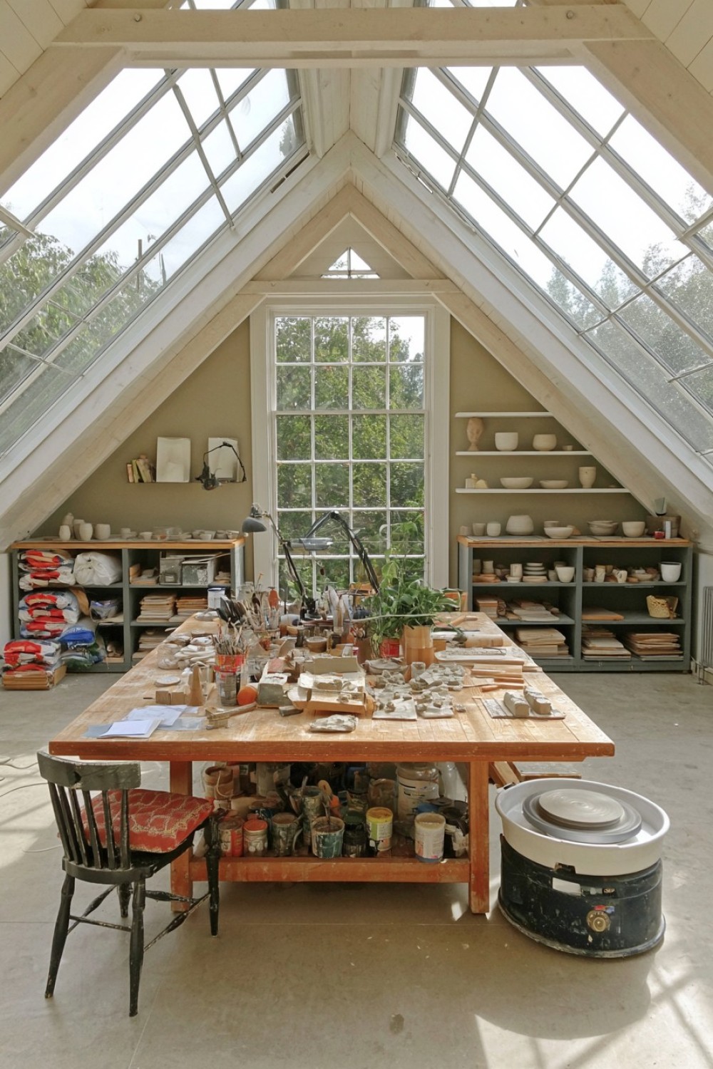 Attic pottery workspace with washable surfaces and organized clay storage