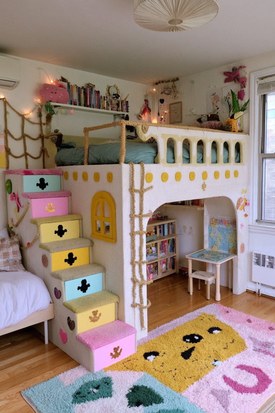 Pirate inspired loft bed with pastel storage stairs, rope details, and a small desk and bookcase below