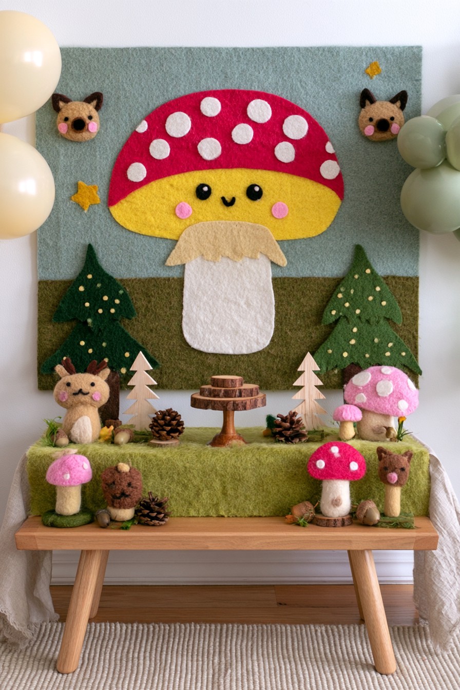 Woodland mushroom first birthday party table