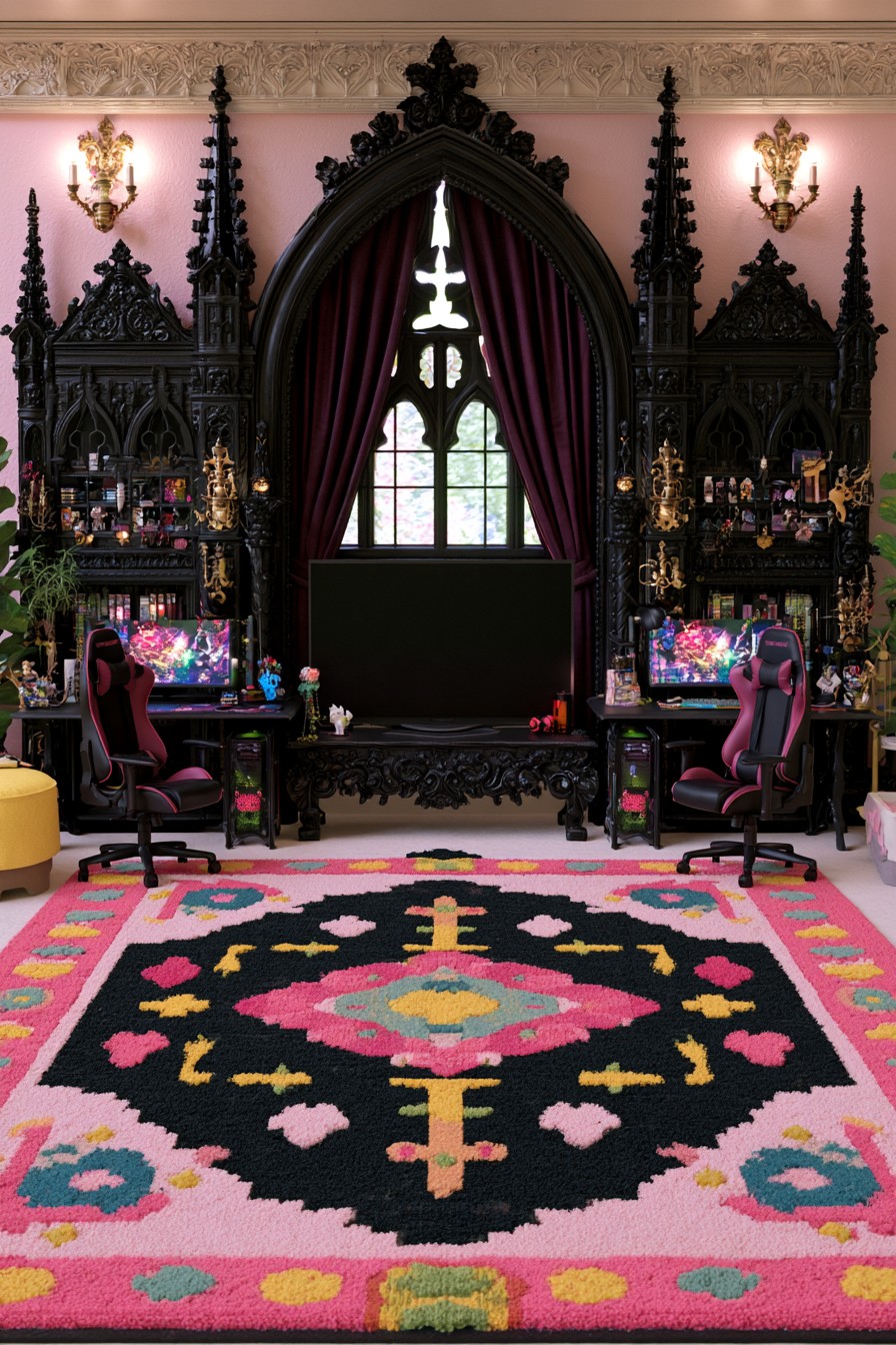 Two Gothic gaming desks and pink and black chairs beside a central television beneath a pointed window and burgundy curtains