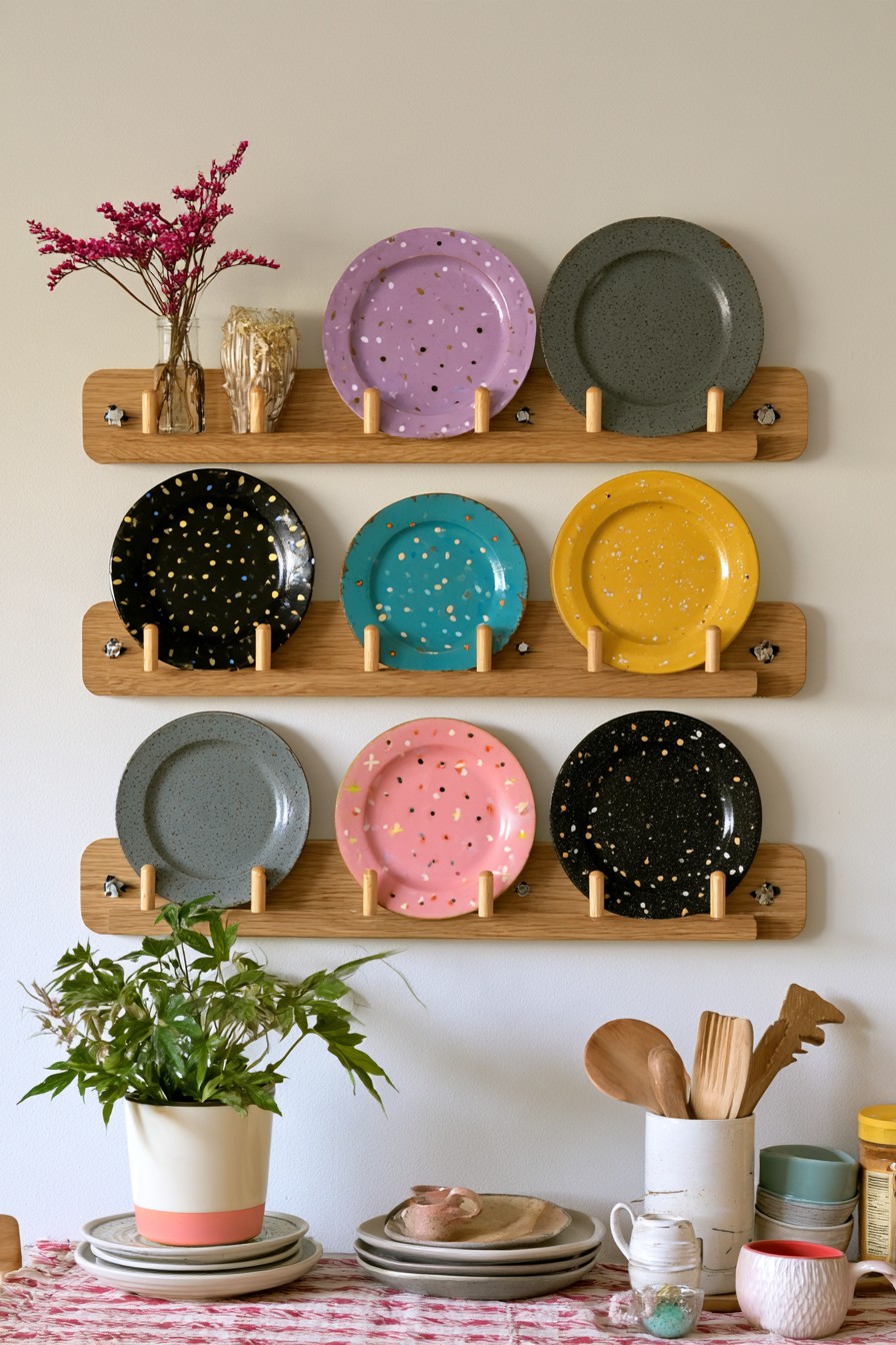Wooden wall plate racks with simple peg supports