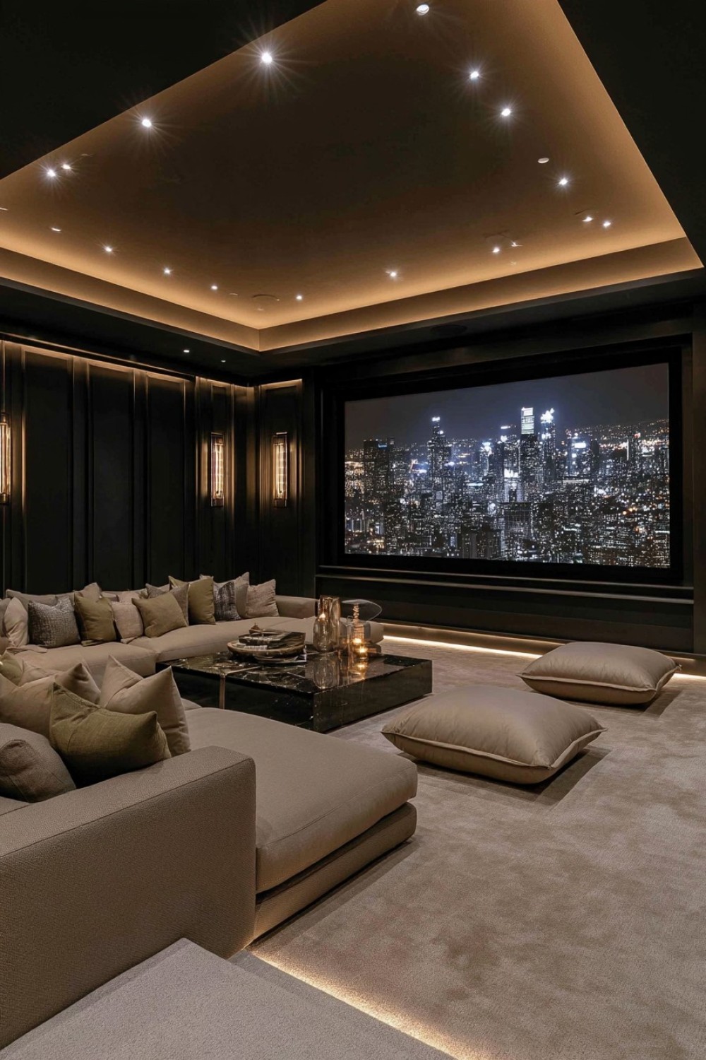 Family basement theater with an oversized floor-level lounge