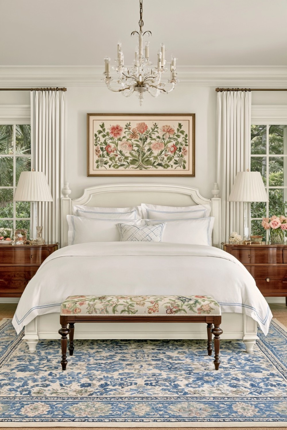 Needlepoint bench adding a heritage accent to a traditional bedroom