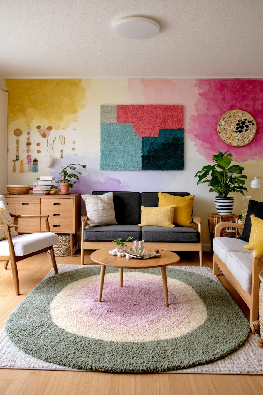 Layered pink yellow lavender and magenta watercolor wall painting