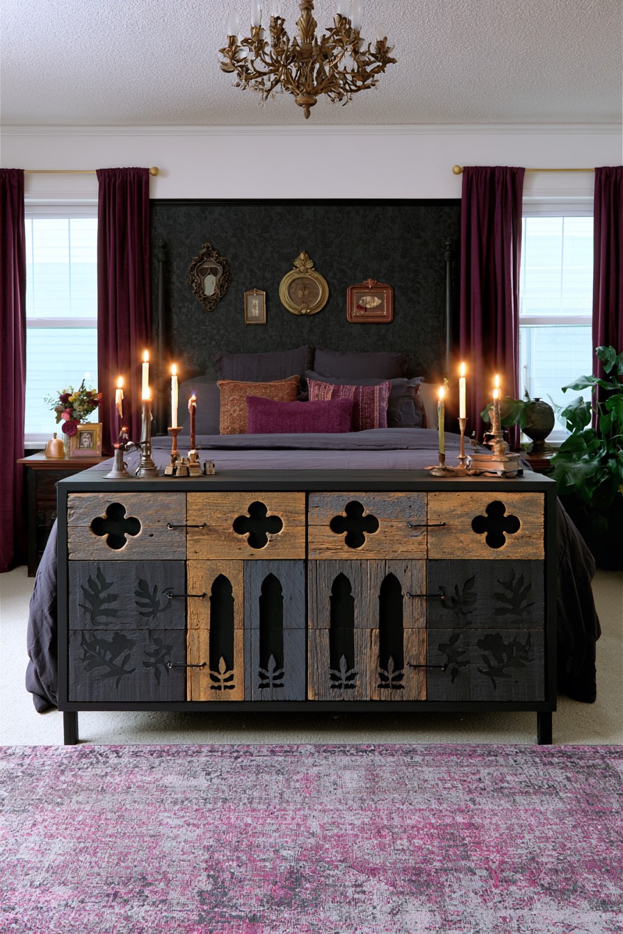 Rustic wood drawer fronts with Gothic cutout patterns