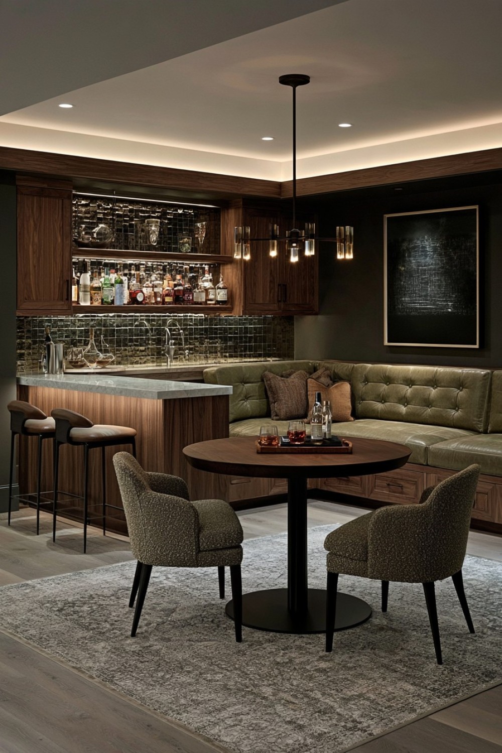 Basement bar connected to a built-in banquette