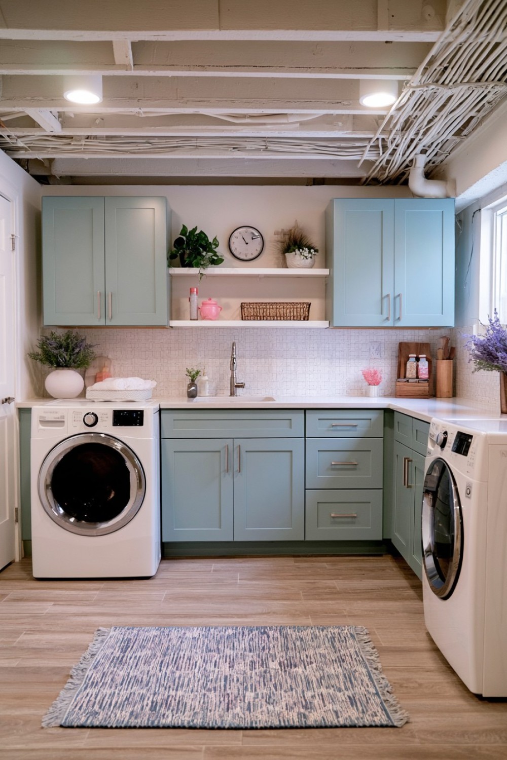 Basement laundry room with carefully finished exposed ceiling joists