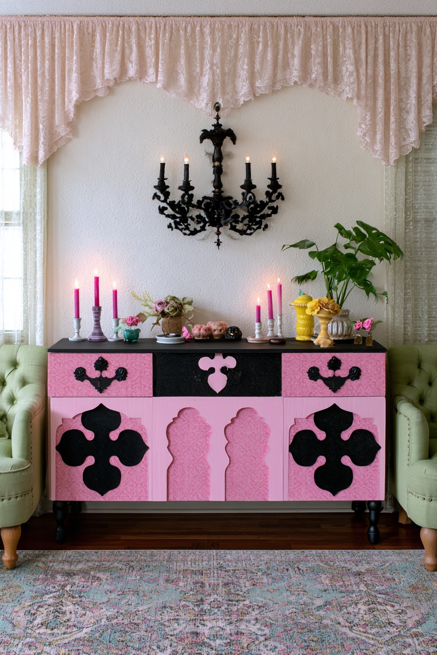 Pink drawer fronts with black Gothic decorative motifs