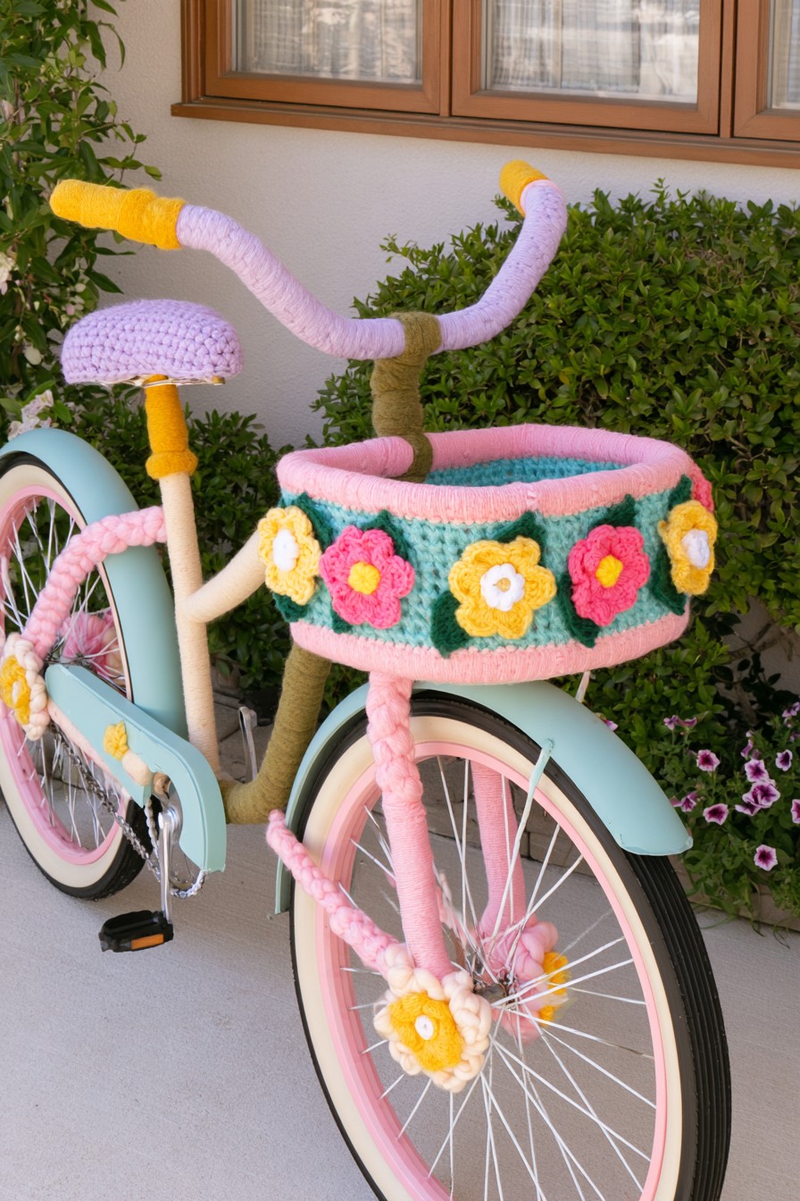 Decorative bicycle styled with crochet flowers and colorful yarn