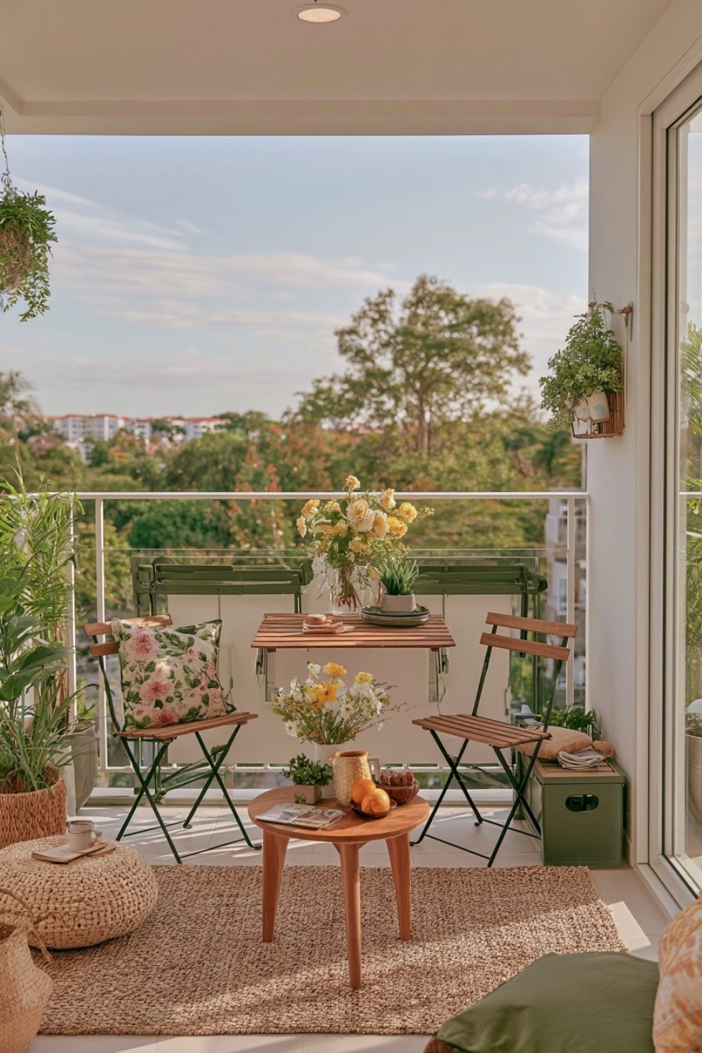 Flexible apartment balcony furnished with folding outdoor furniture