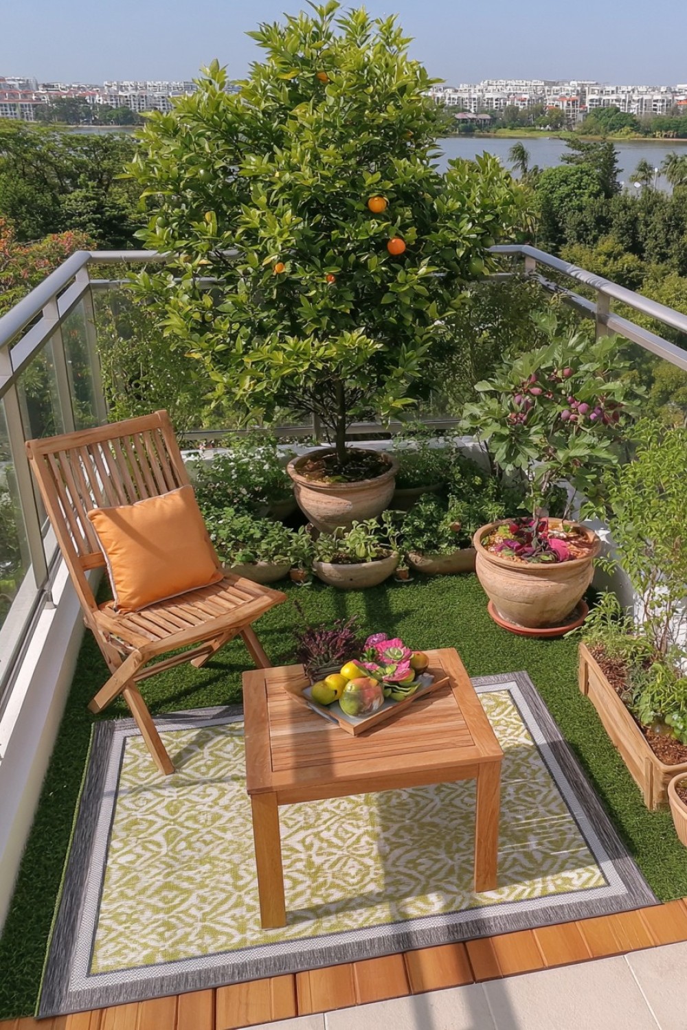 Balcony orchard planted with dwarf fruit trees in containers