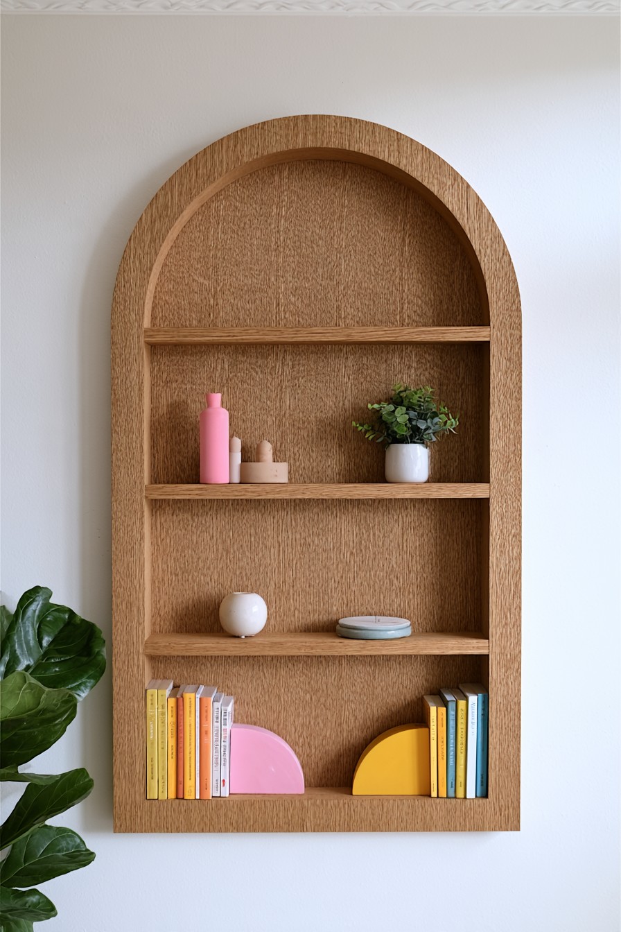 Arched wooden wall shelf with open display storage