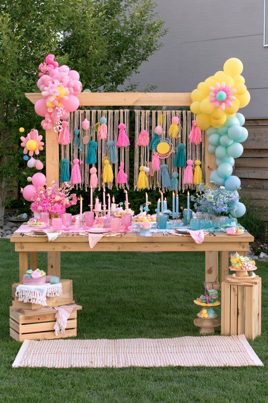 Yarn tassel gender reveal backdrop with wooden dining table balloons and flowers