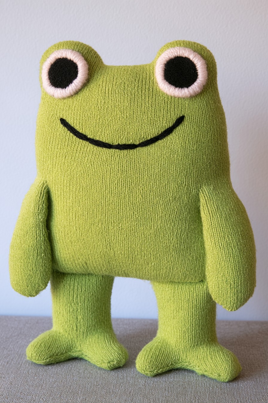 Green frog character with rounded eyes, an embroidered smile, soft arms and broad feet