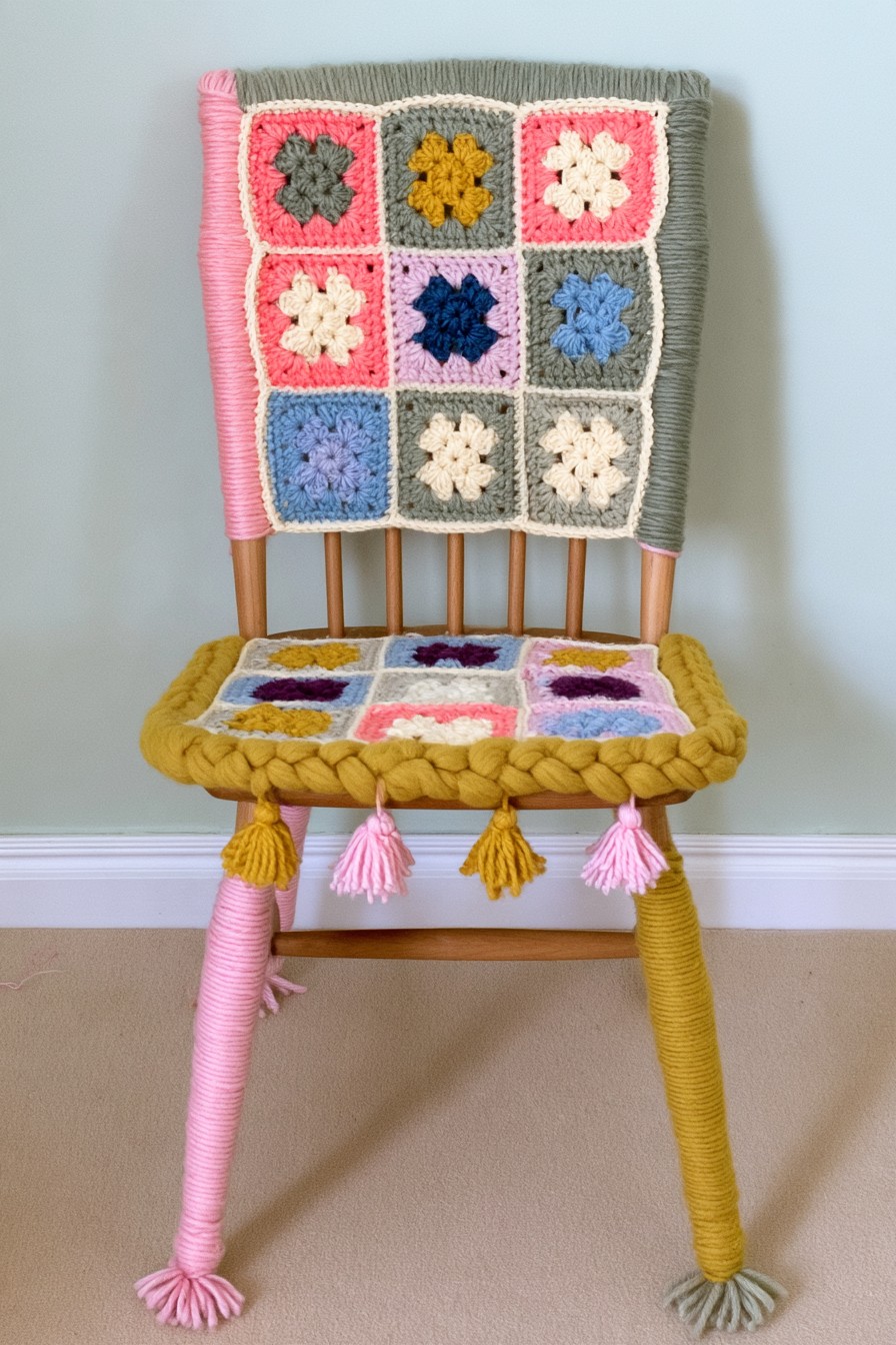 Wooden chair with colorful crochet panels and yarn wrapped legs