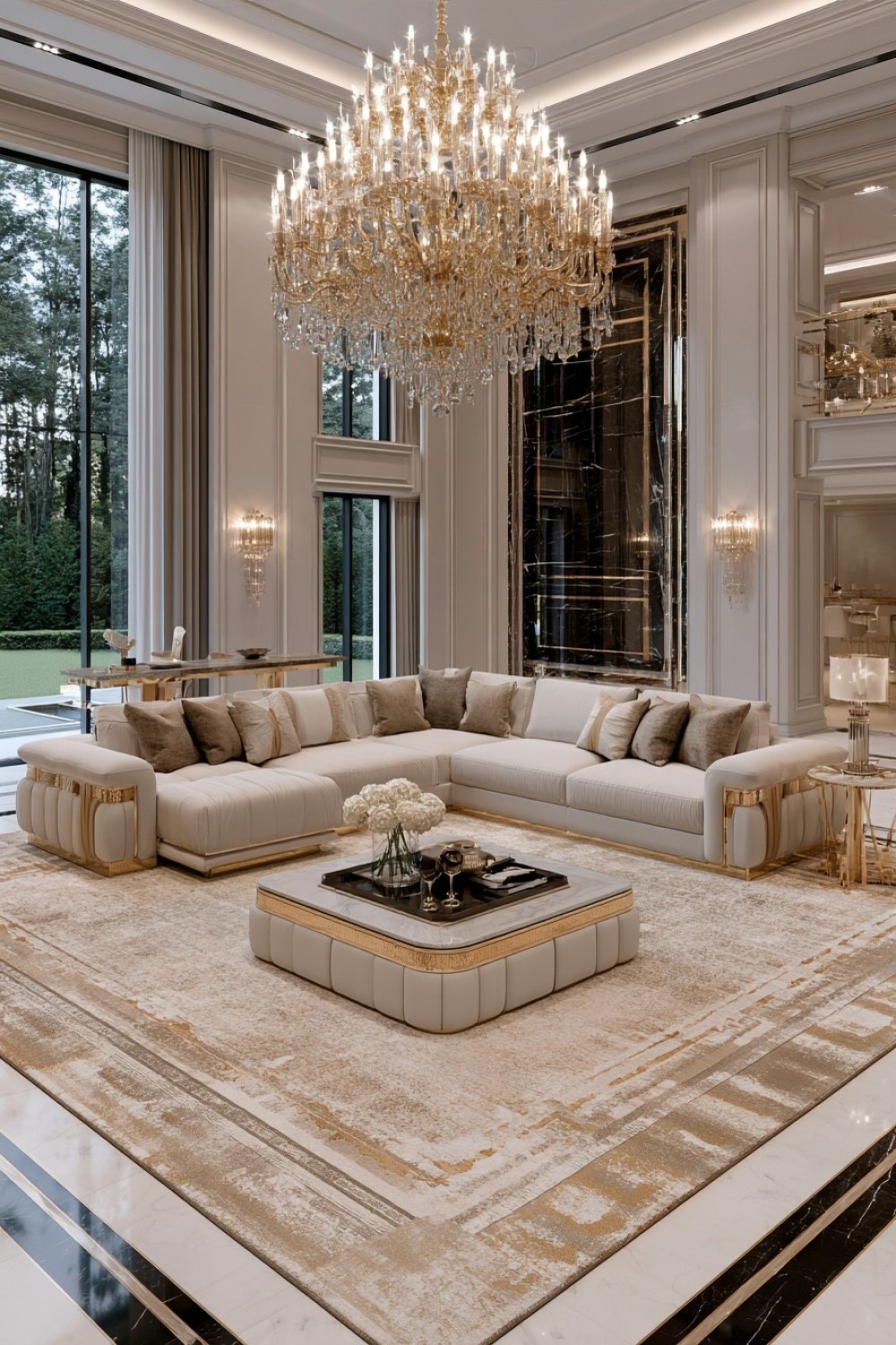 Floating luxury sectional defining an open-plan living room