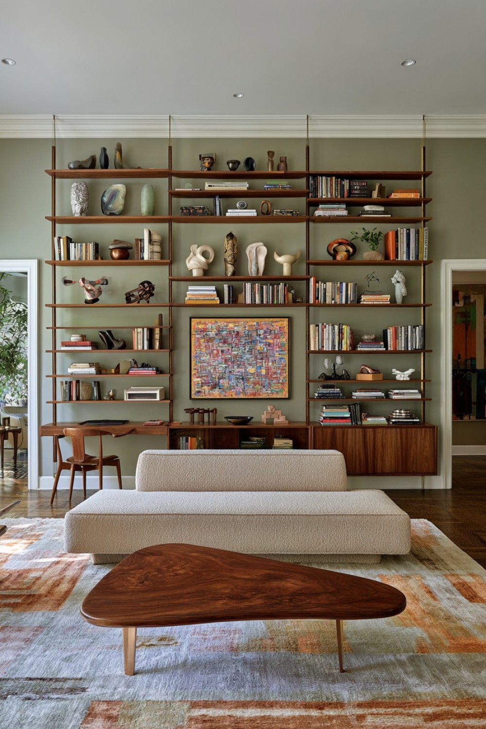 Floating mid-century shelf system used as functional wall storage
