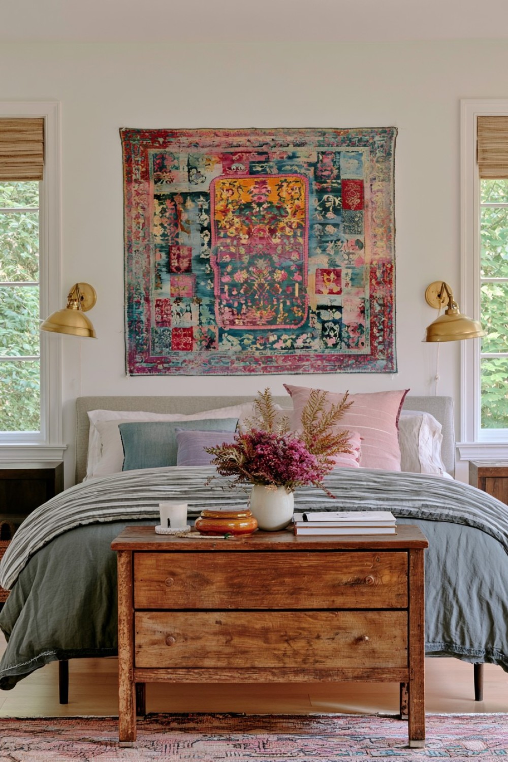 Curated textile wall feature in an eclectic bedroom