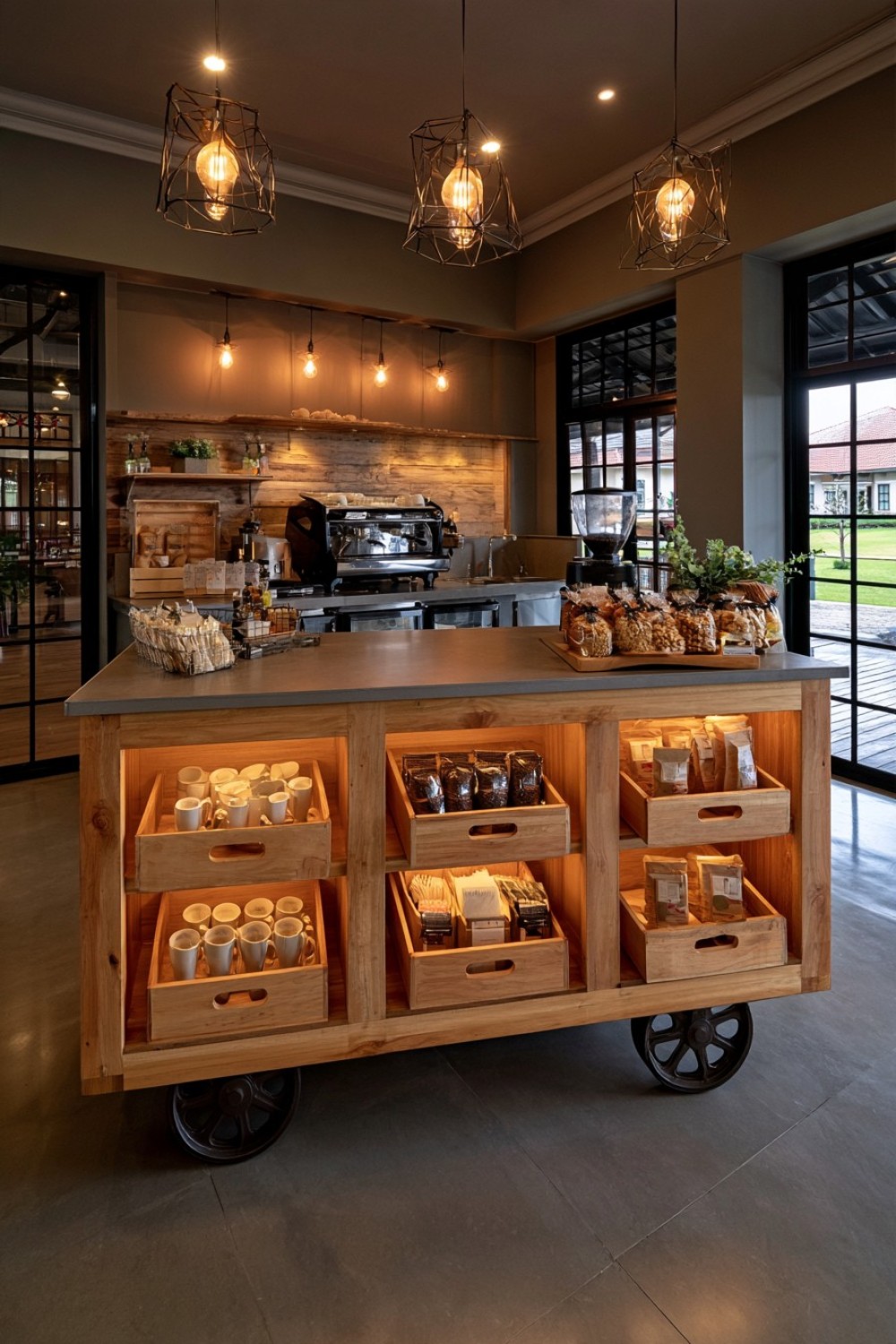 8. Rustic Market Coffee Cart With Removable Wooden Crates