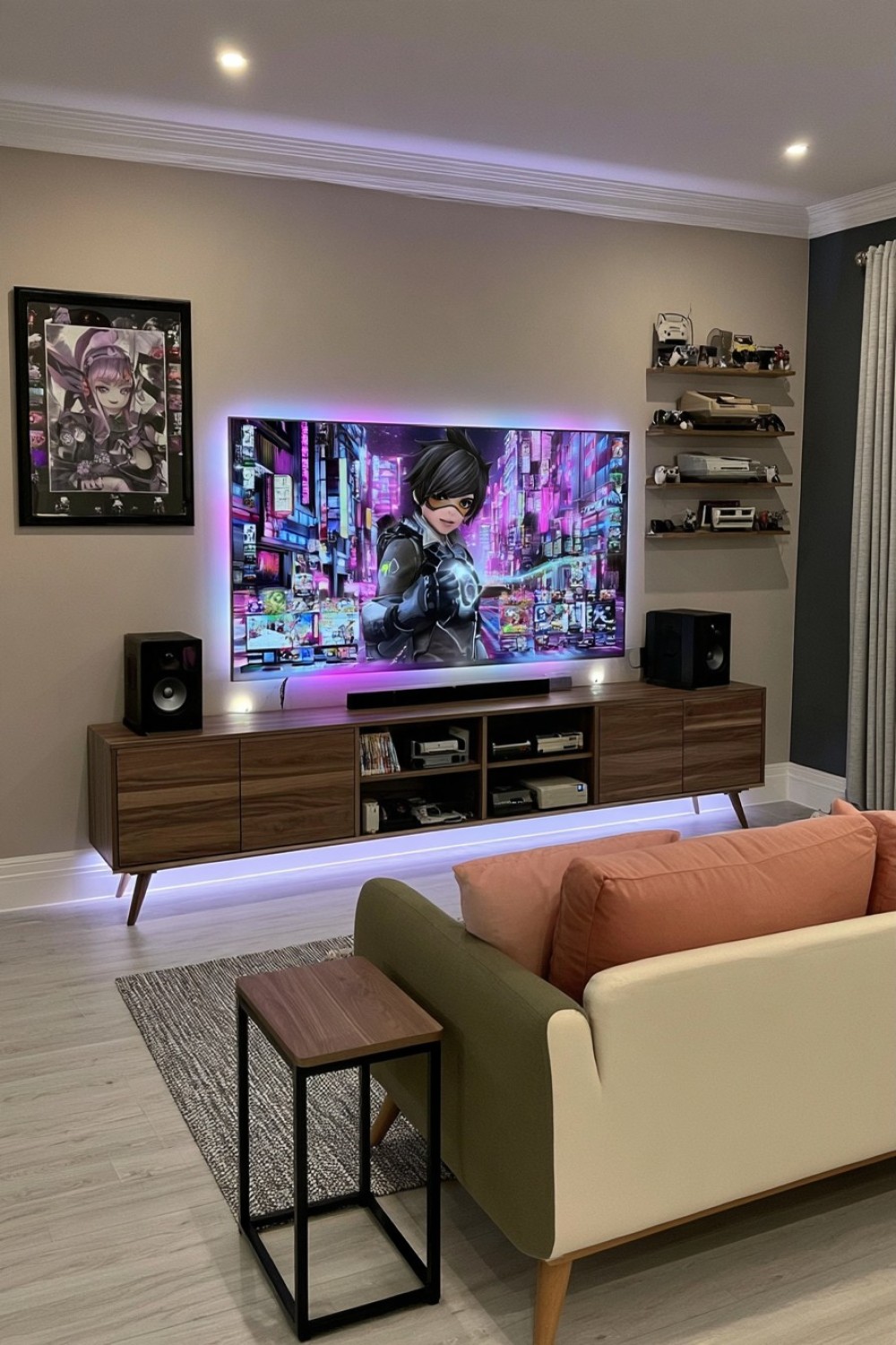 Adult retro gaming room furnished with mid-century modern pieces