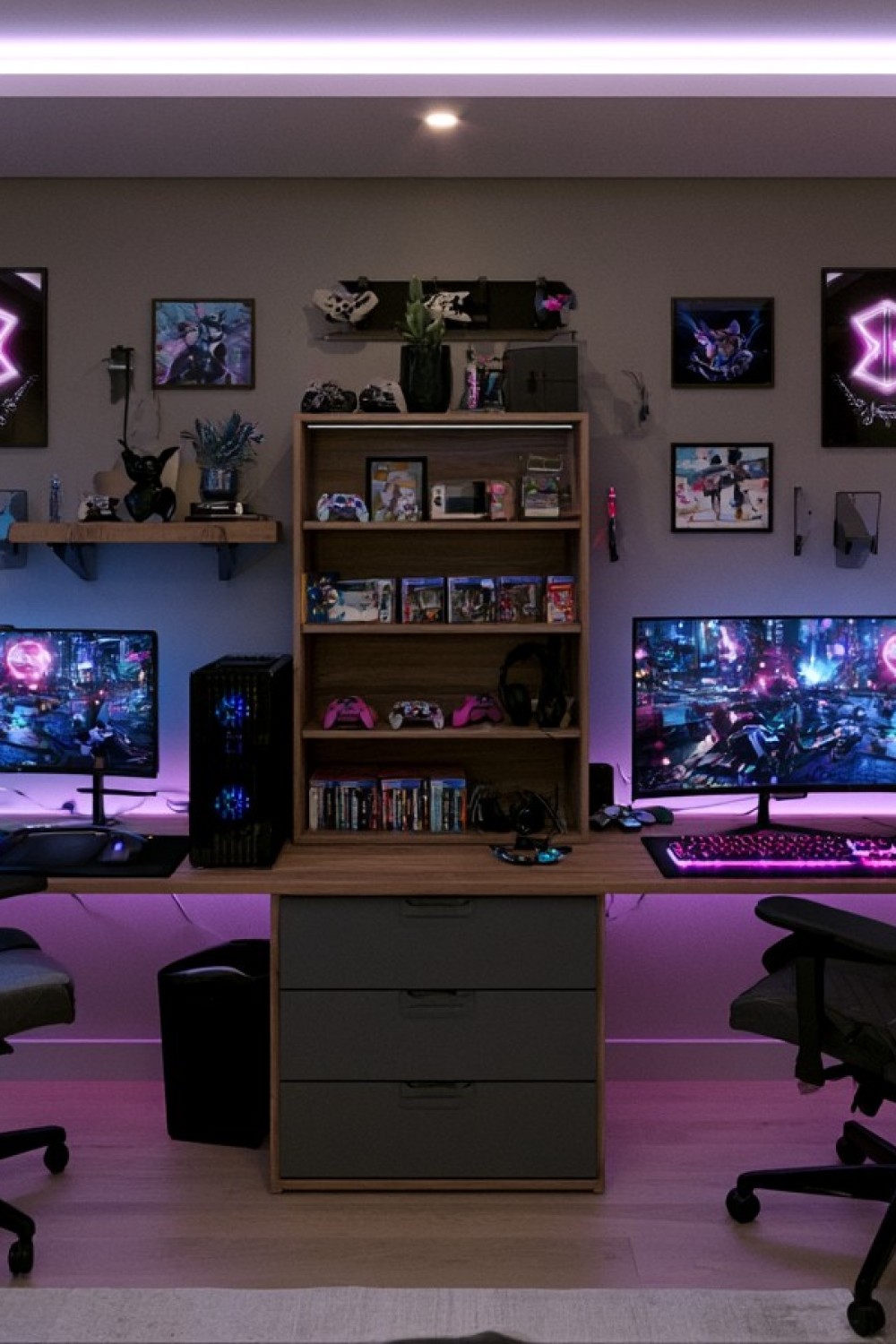 Shared storage cabinet positioned between two gaming desks